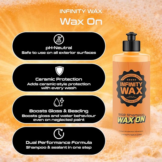 Infinity Wax Wax On SiO₂ Shampoo 500 ml, pH Neutral Car Wash with Integrated Ceramic Protection for Shine Enhancement, Hydrophobic Shampoo for Cars, Easy SiO2 Coating During Washing