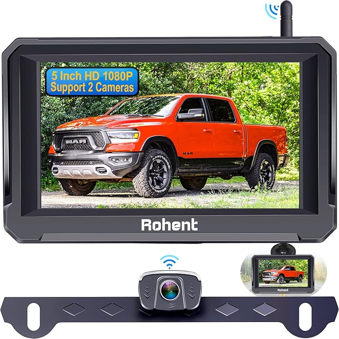 Rohent R3 HD 1080P Digital Wireless Backup Camera with 5'' Monitor License Plate Hitch Rear View Camera System for Cars,Trucks,Campers IP69 Waterproof Front/Rear View Switchable 8 IR Night Vision