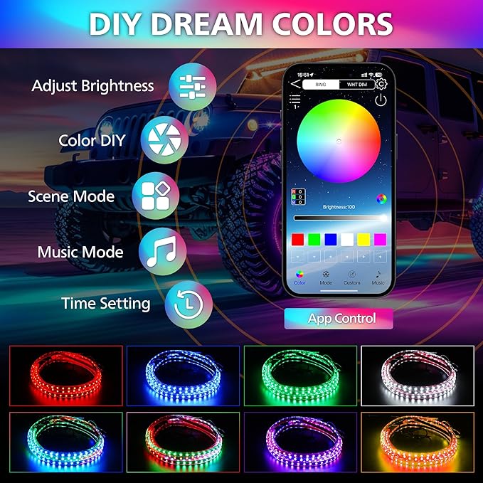 Underglow LED Lights for Cars 252 LEDs RGBI Neon Accent Strip Lights with 16 Million Colors DIY & Music Mode Underbody Exterior Lights Kit for RV SUV Truck Boat 12V