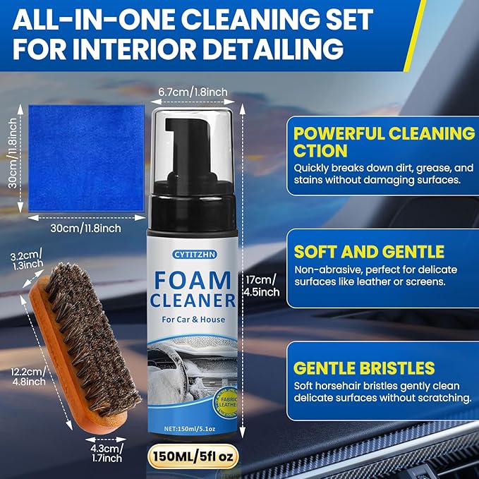 Car Interior Cleaner Kit – All-Purpose Foam Cleaner for Leather, Fabric, Vinyl, Plastic, Carpet & Upholstery | Deep Stain Remover | Includes Brush & Microfiber Towel – 5oz/150ml