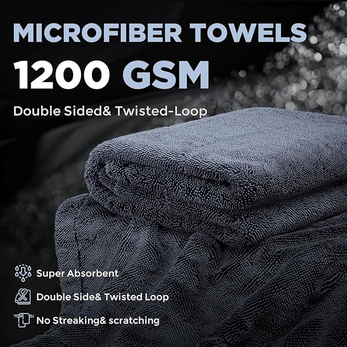2-Pack 1200GSM Microfiber Car Drying Towels, Extra Large Twisted-Loop Absorbent Drying Towel for Cars and Trucks, Without Streaks, Scratches, or Water Spots (35"x 24")