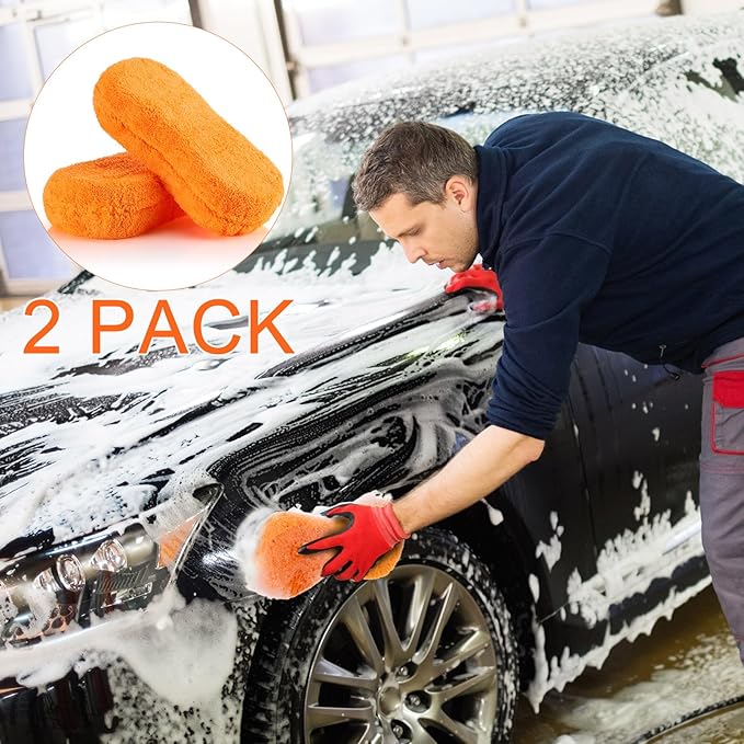 Tanlade 2 Pcs 2 Pack Large Microfiber Car Wash Sponge for Cleaning, Non Scratch Microfiber Sponges for Car Washing Supplies, Trucks and Motorcycles (Orange)