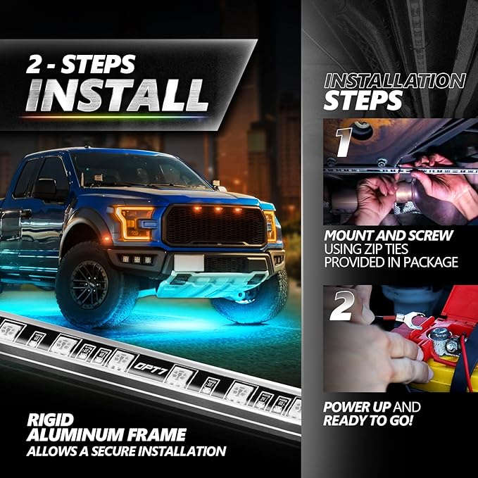 OPT7 Aura Pro Rigid RGB LED Underglow Kit for Trucks Trailers Pickups with App & Remote Control, Multi Colors Music Modes, 4 PCS Waterproof Aluminum Light Bars, Exterior Neon Under Car Lights