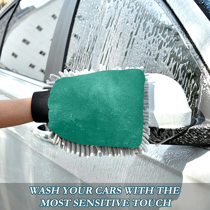 Qilmy Lake Green Microfiber Chenille Car Wash Sponge Scratch Free Car Wash Mitt Absorbent Mitt Sponge for Trucks SUVs Car Washing Home Cleaning, Large