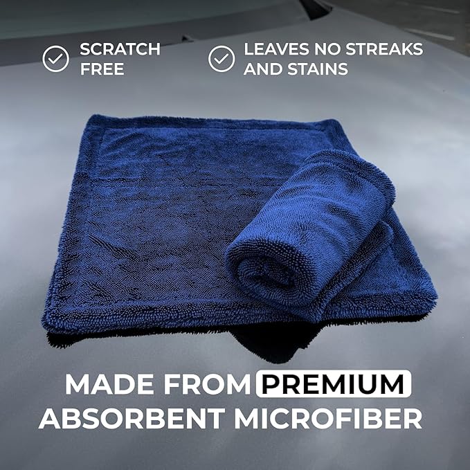 2X Medium Car Drying Towel, 1300 GSM Professional Car Towel with Double Twisted Loop,Super Absorbent Large Microfiber Drying Towels for Cars, Trucks, SUVs - 16"x16" 2-Pack, Navy