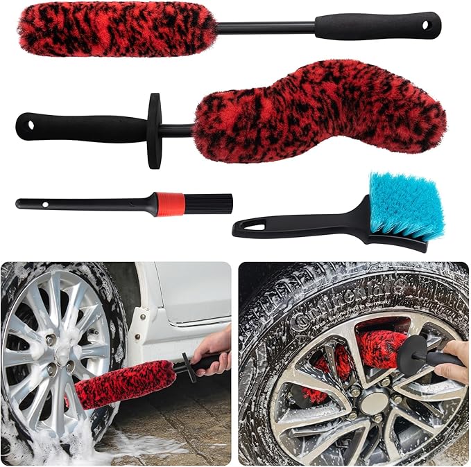 4 Pack Car Wheel and Tire Cleaner Brushes Kit Auto Motorcycle Rim Hub Ultra Soft Microfiber No Spatter Bendable Woolies Bristle Cleaning Set