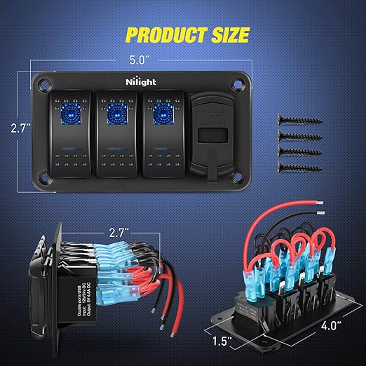 Nilight 3 Gang Rocker Switch Panel with 4.8 Amp Dual USB Charger Voltmeter Waterproof 12V 24V DC Rocker Switch with Night Glow Stickers for Cars Trucks Boats RVs, 2 Years Warranty,Blue