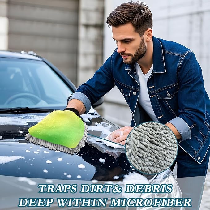 Qilmy Green Gradient Pattern Microfiber Chenille Car Wash Sponge Scratch Free Car Wash Mitt Absorbent Mitt Sponge for Trucks SUVs Car Washing Home Cleaning, Large