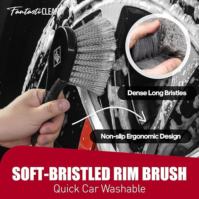 Fantasticlean 7PCS Car Wheel Brush Kit, Tire Brush, Soft-bristled Rim Brush, Chenille Rim Cleaning Tape, Microfiber Bendable Brush, Curved Detailing Brush with Elbow Connector, Detailing Pads