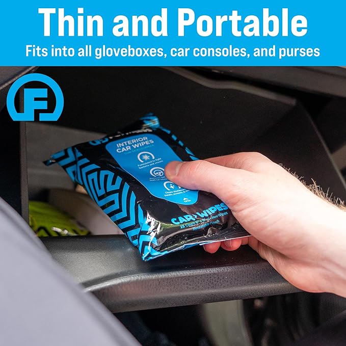 Fortress Car Interior Wipes (25 ct, Pack of 5) for Car Interior Cleaning, Dashboard, Seats, Detailing, and Steering Wheel [Travel Size] Skin-Safe Car Interior Cleaner Supplies