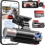 4K+4K+1080P 3 Channel Dash Cam Front and Rear with Cabin, Free 128GB Card Included, 5.8GHz WIFI6 - up to 20MB/s, IR Night Vision, Built-in GPS, G-Sensor, 24H Parking Mode, Support 512GB Max