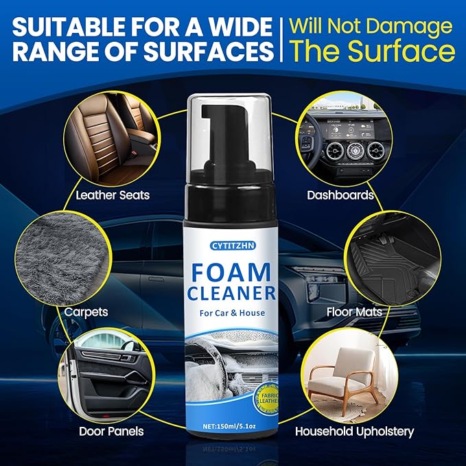 Multipurpose Car Interior Foam Cleaner for Seats, Carpets & Dashboard – Deep Cleaning Formula for Fabric, Leather, Plastic Surfaces | Car Detailing Kit & Upholstery Cleaner (5.1Oz/150ML)