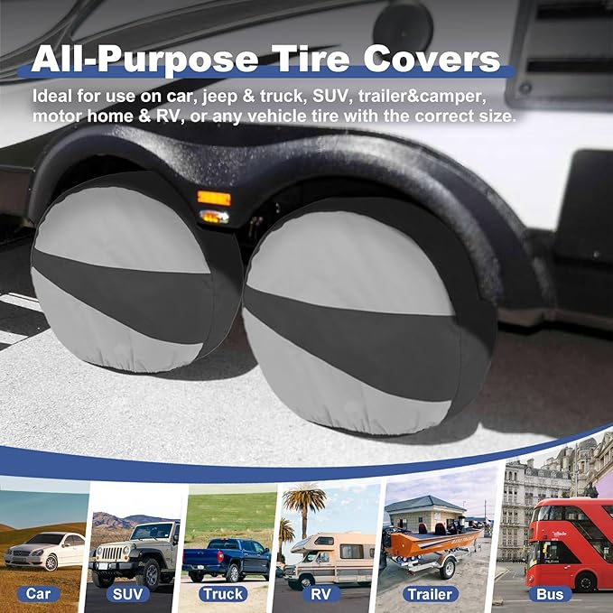 Explore Land Tire Covers 4 Pack - Tough Wheel Protector for Truck, SUV, Trailer, Camper, RV Universal Fits Tire Diameters 29-31.75 inches Black & Gray