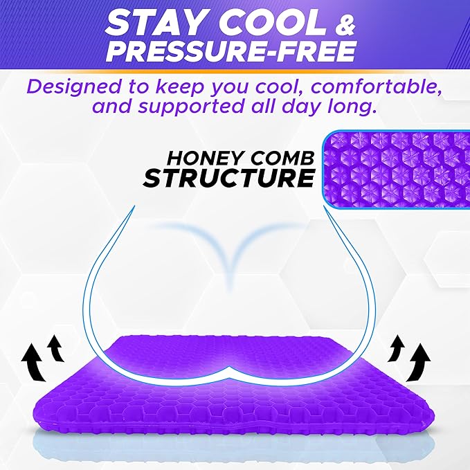 EcoNour Gel Seat Cushion for Long Sitting (Large & Thick) - Pressure Relief Honeycomb Support for Back, Sciatica, Coccyx, Hip & Tailbone Pain | Seat Pad for Office Chair, Wheelchair & Car