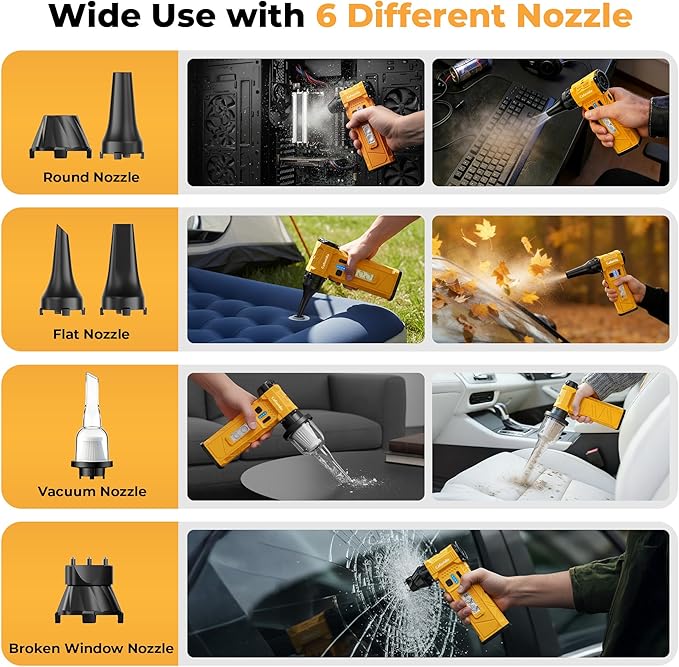 Electric Air Duster & Vacuum 2-in-1, 180000RPM Brushless Motor, Rechargeable Compressed Air Duster with 8000mAh Battery, Stepless Speed Control, 7-Mode Light Mini Blower for PC, Car, Home, Outdoor