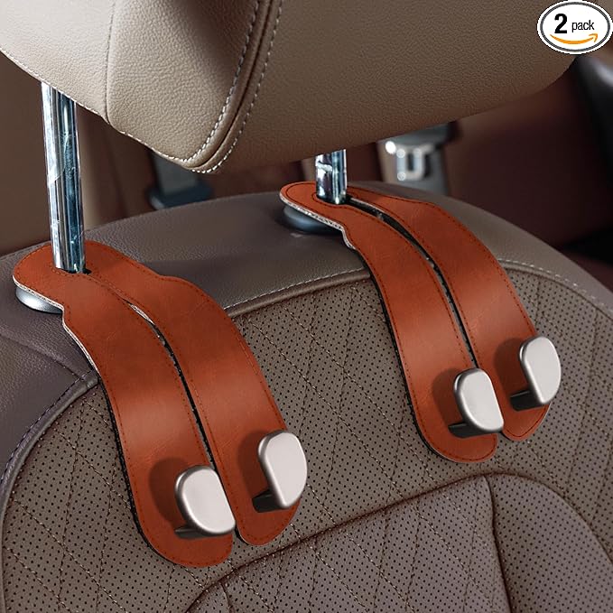 CoBak Purse Hook for Car - Universal Premium Stitched Leather and Aluminum-Magnesium Alloy Double Car Seat Back Storage Hook for Purses, Handbags, Bags (2 Pack),Russet Brown