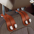 CoBak Purse Hook for Car - Universal Premium Stitched Leather and Aluminum-Magnesium Alloy Double Car Seat Back Storage Hook for Purses, Handbags, Bags (2 Pack),Russet Brown