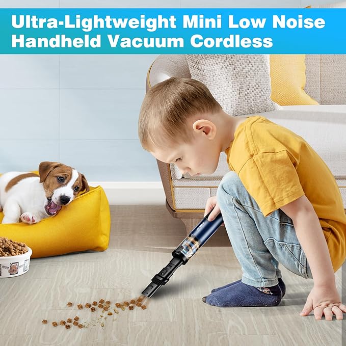 Upbooz Handheld Vacuum Cordless, Car Vacuum with 14000PA Powerful Suction with LED Light, Air Duster 2-in-1,Low Noise Rechargeable Portable Mini Vacuum Cleaner for Car Home Pet Office,Two Gears Blue