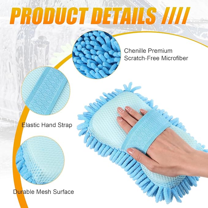 3 Pack Chenille Premium Scratch-Free Microfiber Wash Mitt Car Wash Sponges, Non-Scratch Car Cleaning Sponge Mitts, Ultra-Soft Glove, Swirl-Free Finish, Safe for Trucks, Suvs (Light Blue)