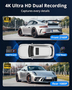 Kingslim 4K Dash Cam Front and Rear, Front 4K Rear 1080P Dual Dash Camera for Cars, Mini Dashcam with 64GB Card, APP Control, Night Vision, G-Sensor, Loop Recording, Parking Mode