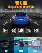 Dash Cam Front and Rear, 4K+1080P Dual Dash Camera for Cars with 5G WiFi, Built-in High-Capacity Storage, Night Vision, G-Sensor, 24H Parking Mode