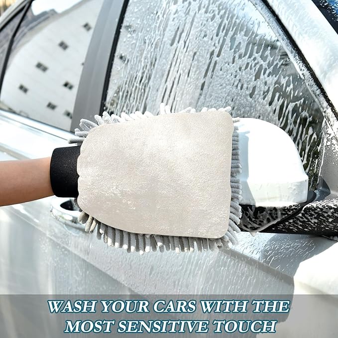 2 Pack Premium Microfiber Chenille Car Washing Mitt, Dual Sided Wash Gloves, No Scratch, Lint Free Washing and Detailing for Car Washing and Detailing (Cream Texture Beige)