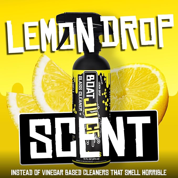 Boat Juice 2in1 Glass Cleaner & Anti-Fog Spray | Streak-Free for Boat Windshields, Car & RV Windows, Navigation Screens | No Rinse | Ammonia-Free | Lemon Drop Scent | Made in USA | 16oz