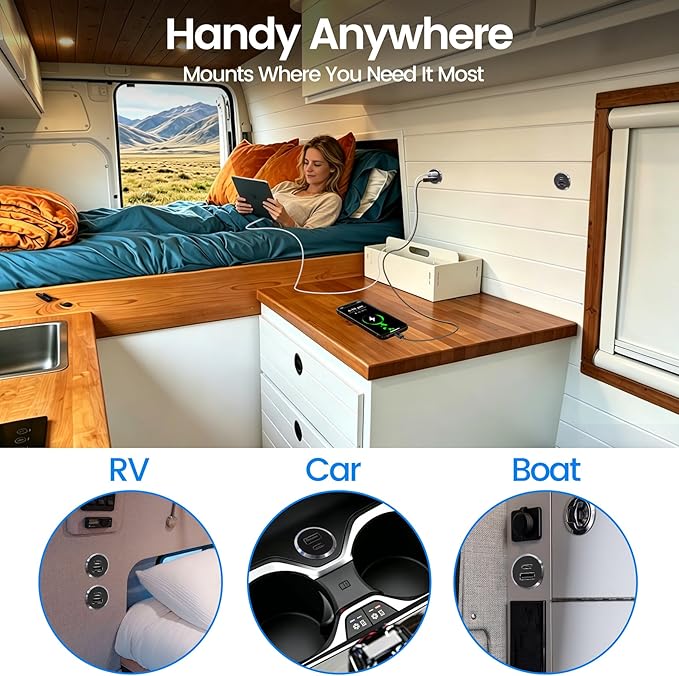 12V USB Outlet All-Aluminum QC 3.0 USB-A & USB-C PD3.0 Dual Fast Car Charger Socket, Recessed Mount Car USB Port for Car Truck Boat RV Camper Van Trailer (Small Version*2)