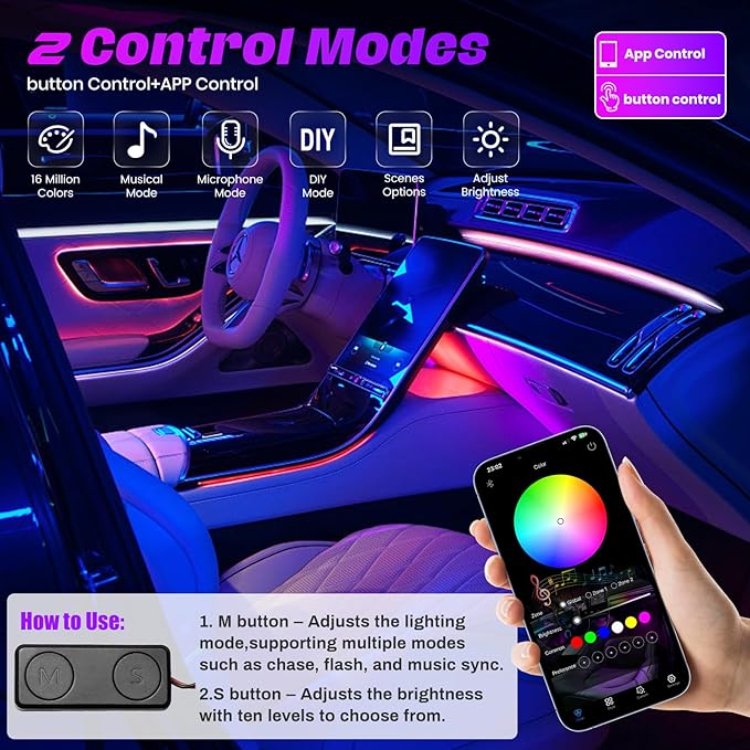 Acrylic Interior Car LED Strip Lights, Colorful 22-in-1 Car Ambient Lighting Kit, with APP Control, 622 LED Fiber Optic Strip Lights for Cars, Supports Neon Sync with Music DIY Mode.