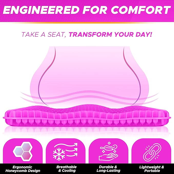EcoNour Gel Seat Cushion for Long Sitting (Large & Thick) - Pressure Relief Honeycomb Cushion for Back, Sciatica, Coccyx, Hip & Tailbone Pain | Cushion for Office Chair pad, Wheelchair & Car