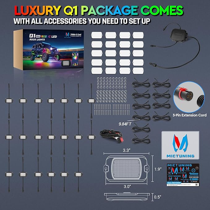 MICTUNING Q1 MAX RGB+IC Rock Lights 20 Pods Kit, 480 Beams 1000% Brighter Chasing Dreamcolor Underglow Neon Lights, APP Control Multicolor Extensible Underbody Lighting Kit for Truck ATV UTV Boat