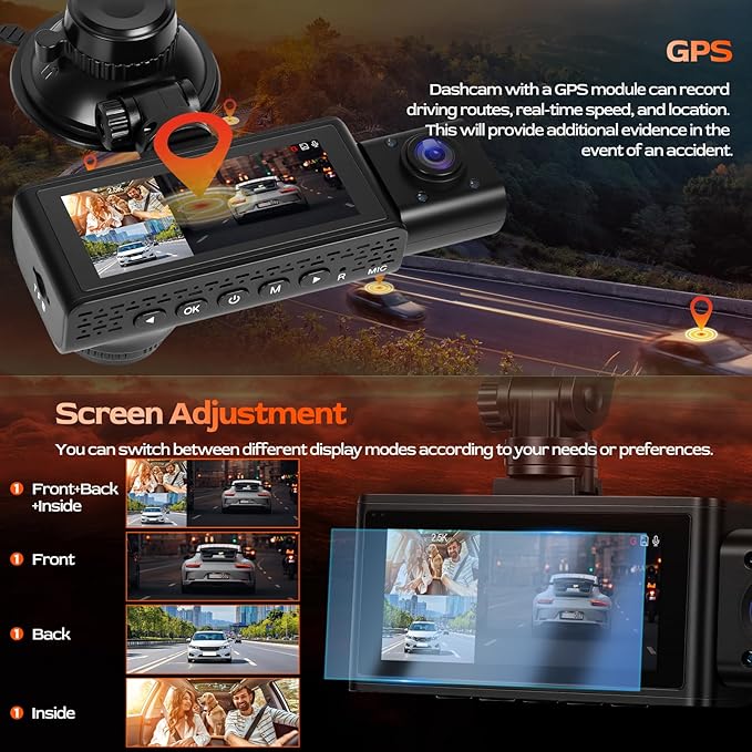 3 Channel 2.5K Dash Cam with WiFi & APP Control, 2.5K+1080P+1080P Front Inside and Rear, Triple Dash Camera with G-Sensor, 24 Hours Parking Mode, Loop Recording, Night Vision