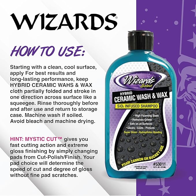 Wizards Hybrid Ceramic Car Wash and Wax Wash Si02 Infused Shampoo - Cleans, Coats & Protects Car Wash Liquid for Mechanics & Car Enthusiasts