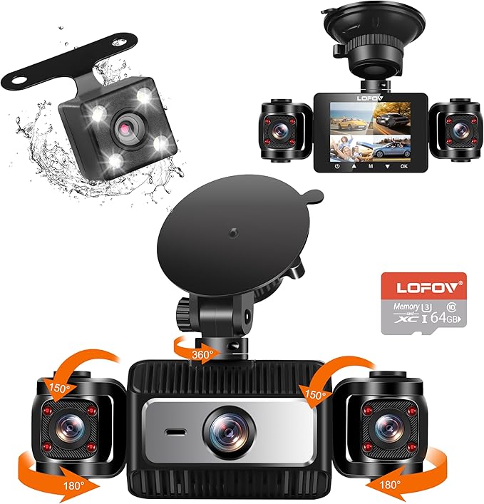 4 Channel Dash Cam 360° View, LOFOV 1080P Front and Rear Inside, Left Right Dash Camera for Cars, Free 64GB SD Card,Multi-Ch Dash Camera, Black Box Trafflc Recorder,Night Vision,24H Parking Mode