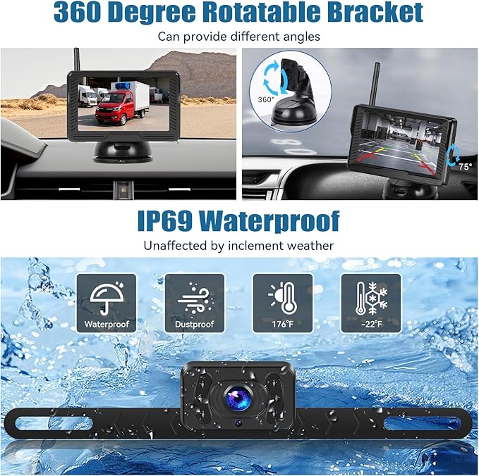 Wireless Backup Camera for Car 4.3 Inch Monitor Digital Signal Stable Rear View Camera Night Vision for Truck/Car/Pickup/SUV/ IP69 Waterproof with License Plate Backup