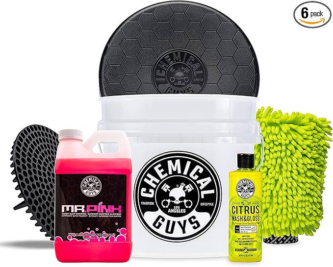 Chemical Guys CWS 402 64BK Car Wash Detailing Bucket, Mitt & Accessories Bundle (6 Items) Featuring Mr. Pink Foaming Soap, 64 fl oz (Half Gallon) - Works on Trucks, SUVs, RVs & More