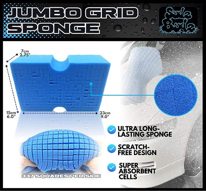 Sudz Budz® Premium Jumbo Foam Grid Car Wash Sponge 1pc | Anti-Marring Sponge for Soap and Rinseless Washing | Cross-Cut, Easy Grip, Large Sponge. Durable, Soft, Scratch-Free Car Cleaning and Detailing