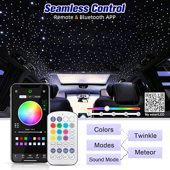 6W Mini Size Twinkle 650pcs*0.03in*13.1ft Starlight Headliner Kit, Star Lights for Car with Bluetooth APP/28key Remote Control/Music Effect, RGBW Fiber Optic Lights for Home Ceiling