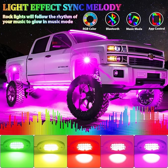 6 Pods RGB LED Rock Lights, Underglow Multicolor Neon Light Kit Wheel Well Light with APP Control & Music Mode, Under Glow Lights for Trucks,Jeep,SUV,Golf Cart,ATV,Pickup Off Road,12 V