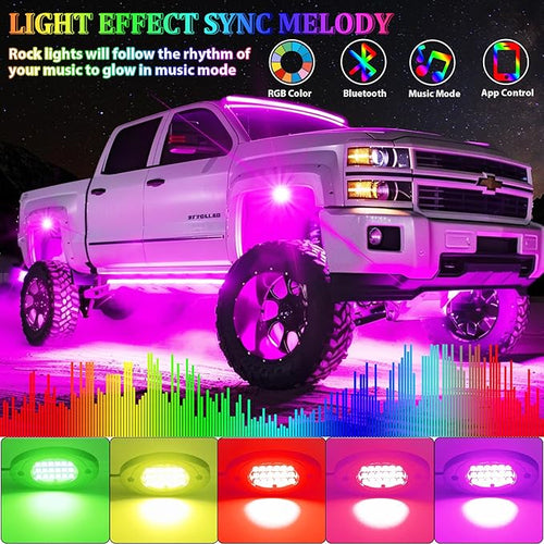 10 Pods RGB LED Rock Lights, Underglow Multicolor Neon Light Kit Wheel Well Light with APP Control & Music Mode, Under Glow Lights for Trucks,Jeep,SUV,Golf Cart,ATV,Pickup Off Road,12 V