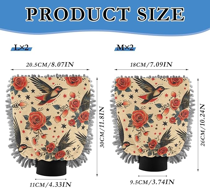 Kigai Bird Rose Car Wash Mitt 2PCS Ultra Absorbent Chenille Microfiber Car Washing Glove Scratch Free Lint Free Wash Sponge Auto Cleaning Glove, 11.8x8.1 inch