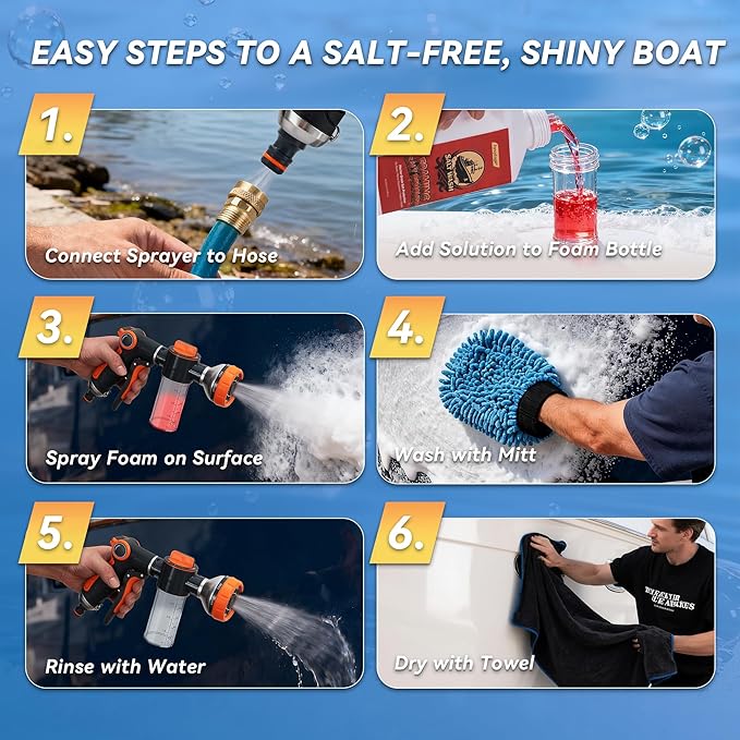 5-in-1 Salt Remover Wash Kit, pH Neutral Boat Cleaner for Boats, Cars& Boating Accessories, Marine Engines & Outboard Motor Flush, Includes Foam Sprayer, XL Towel, Wash Mitt & Scuff Erasers