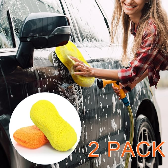 Tanlade 2 Pcs Large Microfiber Car Wash Sponge for Cleaning, Non Scratch Microfiber Sponges for Car Washing Supplies, Trucks and Motorcycles (Orange,Yellow)