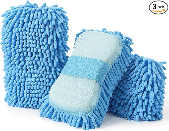 3 Pack Chenille Premium Scratch-Free Microfiber Wash Mitt Car Wash Sponges, Non-Scratch Car Cleaning Sponge Mitts, Ultra-Soft Glove, Swirl-Free Finish, Safe for Trucks, Suvs (Light Blue)