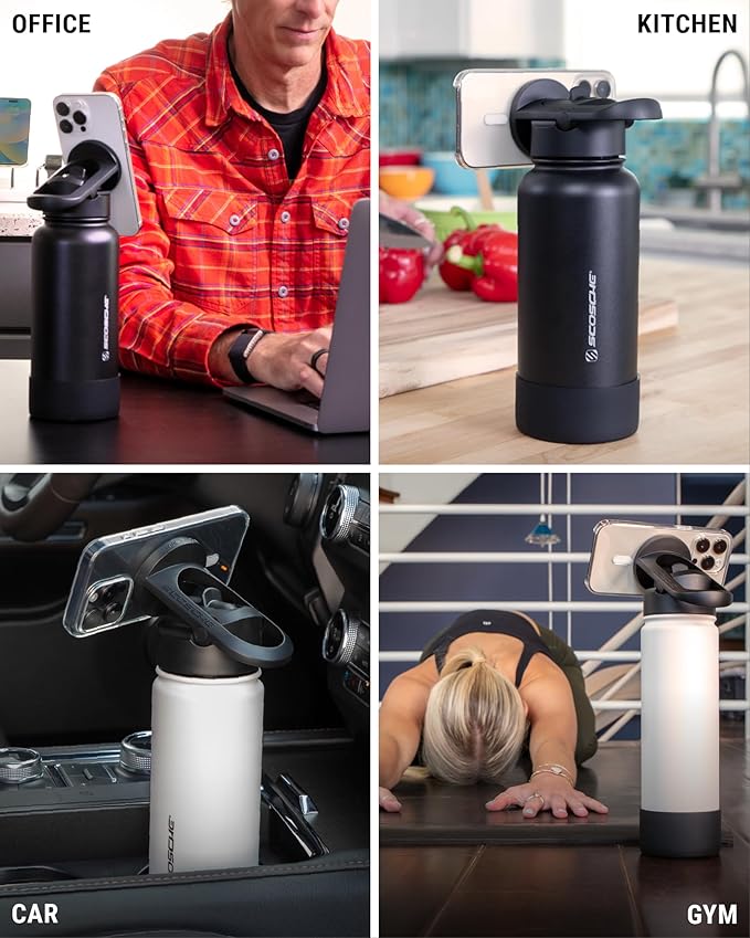 Scosche MFMS22 MagicMount Flask 22 oz Stainless Steel Water Bottle with MagSafe Phone Mount Stand, 12H Hot & 24H Cold Insulated Flask with Magnetic Phone Holder for Gym, Car, Travel, Sports 22oz, Blue