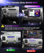 [4+128G] Android 15 Car Radio Stereo for Honda Civic 2006-2011 with Wireless CarPlay & Android Auto, 10.1 Inch in-Cell Screen Car Auido with AHD Backup Camera GPS WiFi FM RDS Radio EQ SWC