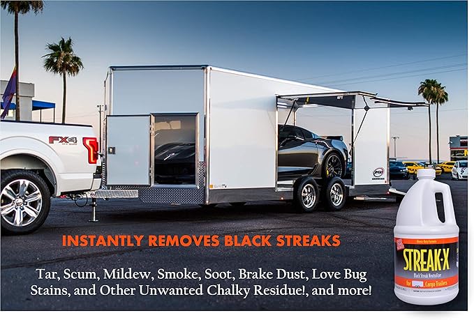 RVTECH Streak-X Cargo + Enclosed Trailers Instant RV Black Streak Remover - Race Hauler Stain Smoke Soot Bird Dropping Sap Brake Dust Tar Pro-Strength Cleaner Wash | 1 Gallon