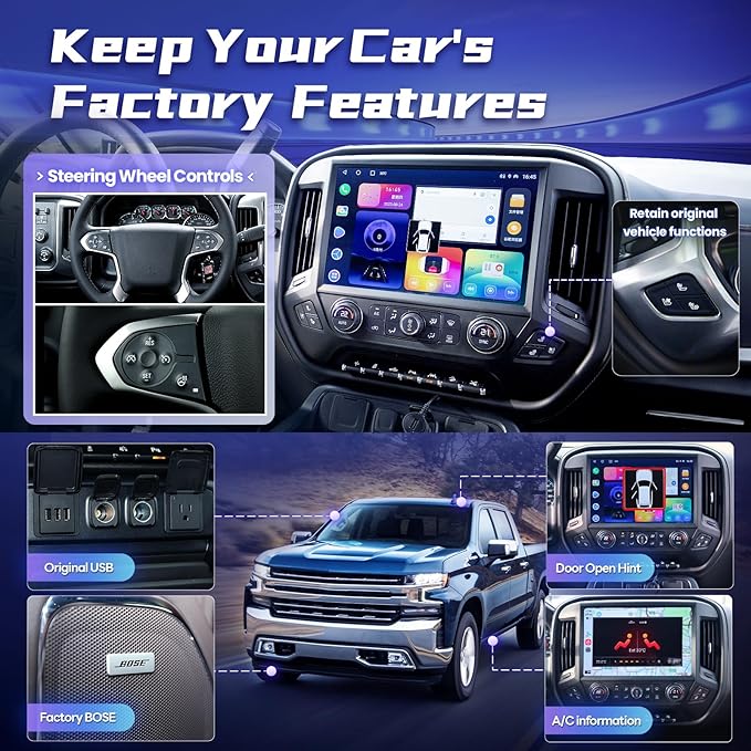 13.1 Inch 8 Core Car Radio for Chevy Silverado GMC Sierra 2014-2018 5Ghz WiFi IPS Touch Screen Silverado Stereo Wireless CarPlay Android Auto BT GPS FM/RDS Backup Camera MIC 4+64G,Black