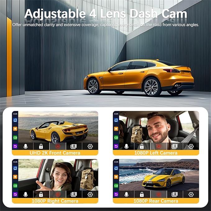 Nexvo Quadguard 360 Pro Dash Cam, 4k 4 Channel Dash Cam, 360° Dash Cam Front and Rear View 4 Channel Dash Camera, Built-in GPS, 8 Ir Night Vision, G-Sensor, 24h Parking Mode (X145-WIFI24H)