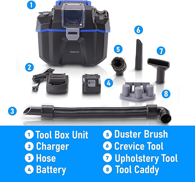 Prolux Cordless Wet/Dry Vacuum, 18V High-Performance Battery, Brushless Motor, Wet/Dry Pickup, & Blower Setting, HEPA Filtration, Compact for RVs, Optimal Wet Suction for Boats & Detailing